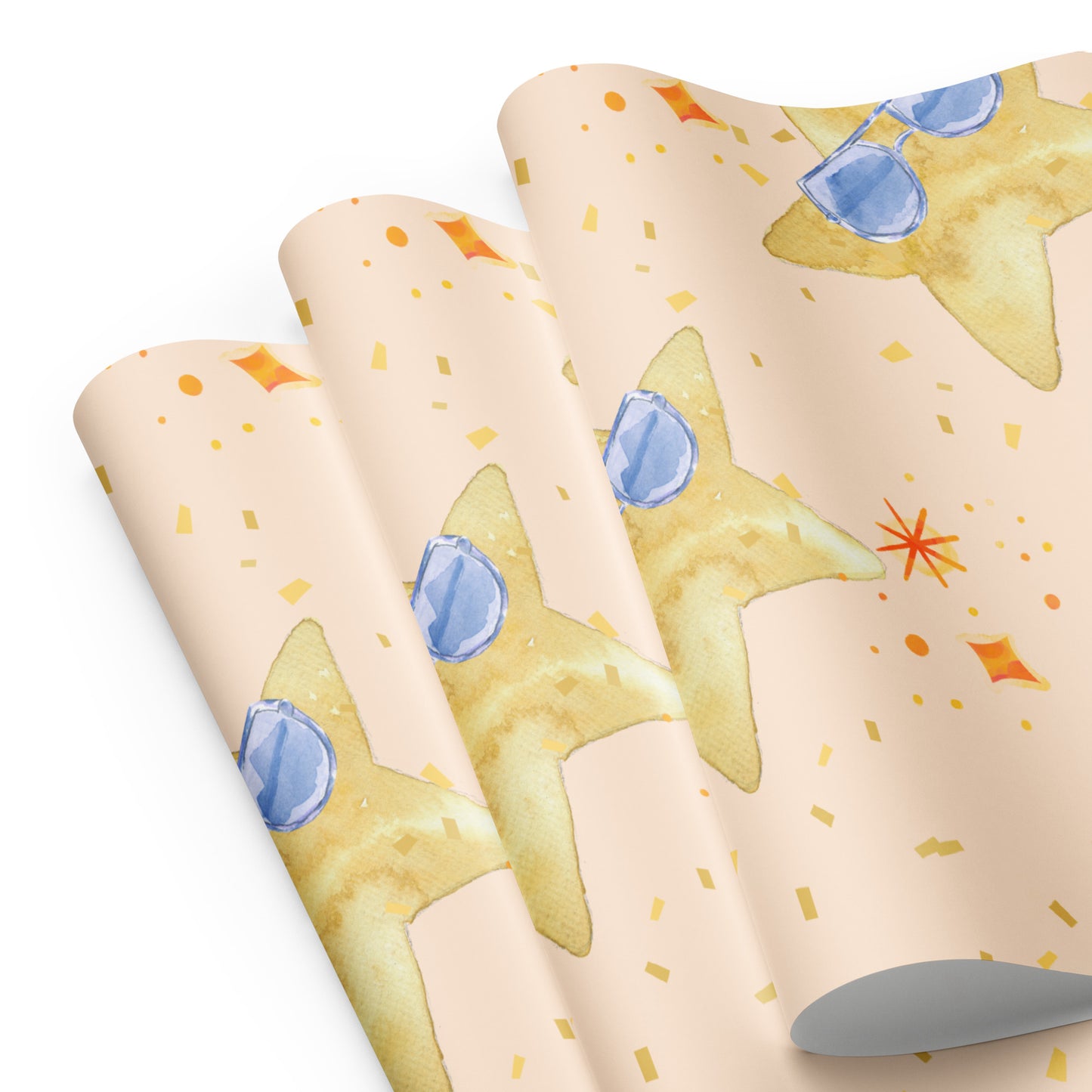 Two rolls of paper with star and sunglasses design on a beige background