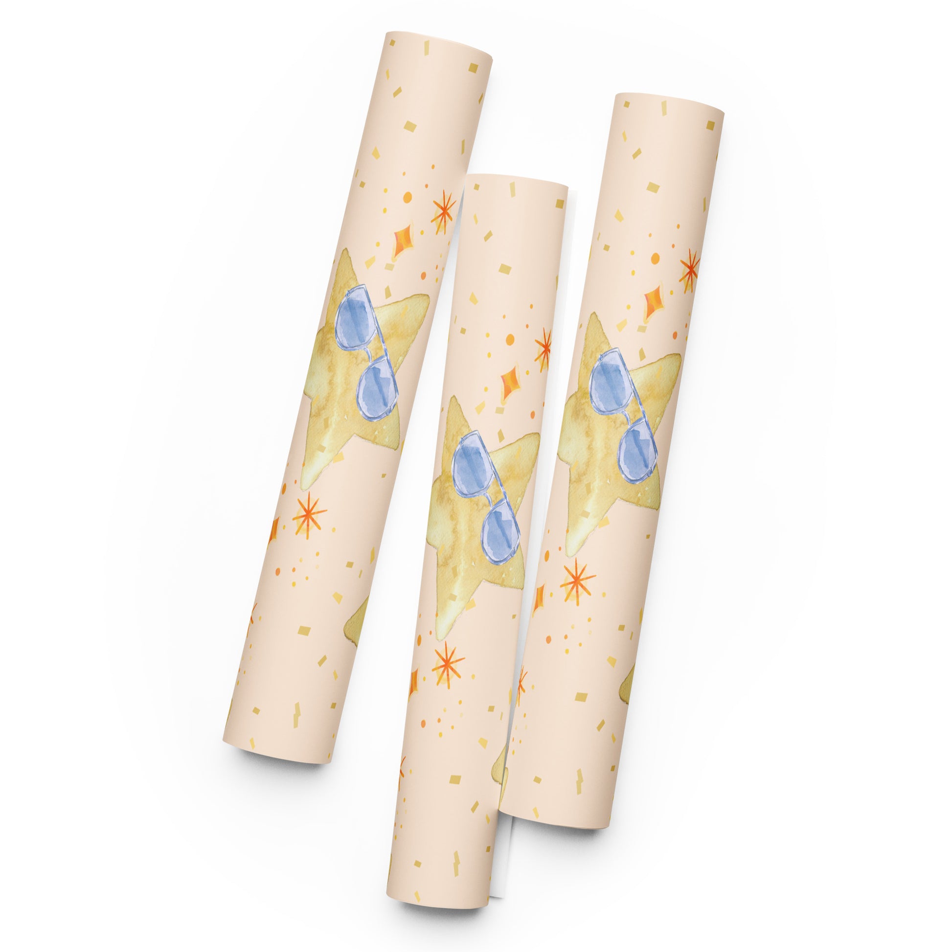 Three cylindrical paper rolls with sunglasses and sunflower designs on a white background